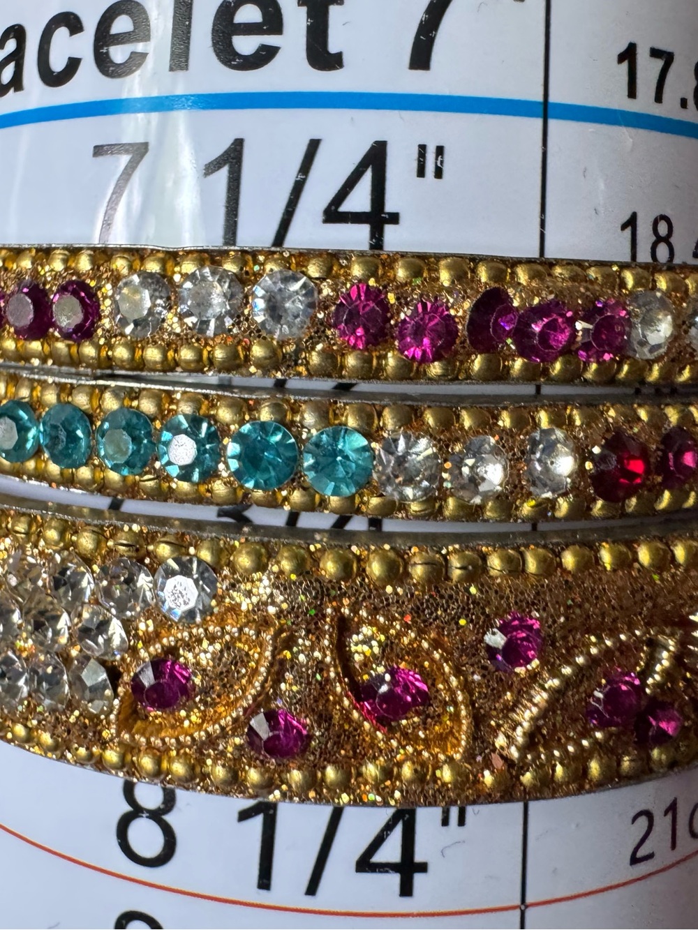 Gold Rhinestone Bangle Bracelet Set with Pink and Teal Stone, Set of 3, size 8